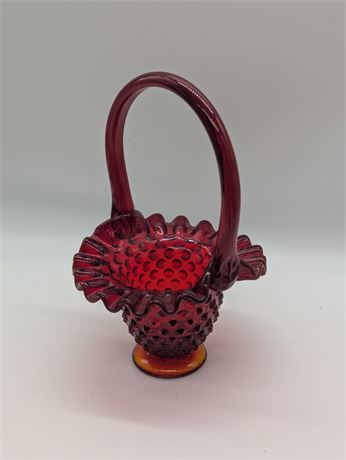 Red Fenton Hobnail Glass Marked Basket 6.25" T
