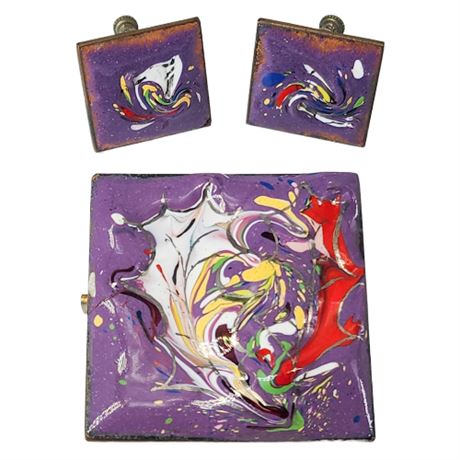 Signed Mid-Century Enamel on Copper Brooch & Screwback Earrings Set