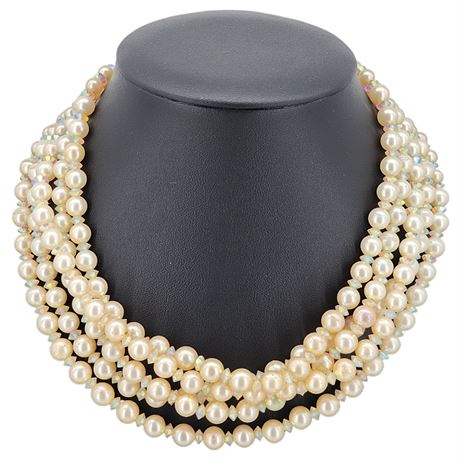 Vtg MARVELLA 5-Strand Faux Pearl & Aurora Borealis Crystal Necklace, Flawed