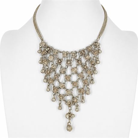 Silver-Tone Floral Lattice Bib Necklace with Dangles