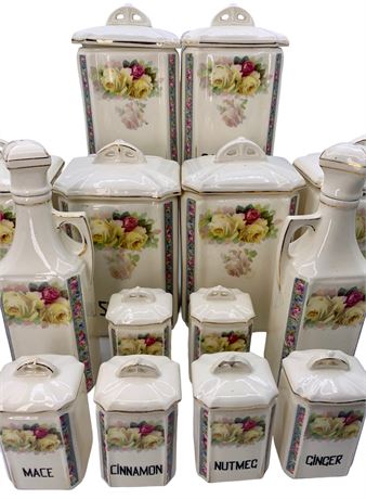 14 pc Vintage Czechoslovakia Porcelain Pantry Dry Goods & Spice Canister Set
