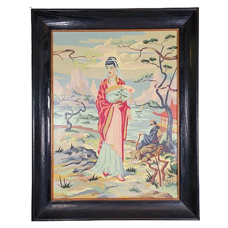 Large Mid-Century Paint By Number Asian Lady / Landscape