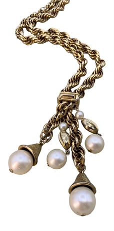 Timeless Mid Century Golden Link Pearl Tassel Necklace