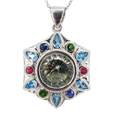 Sterling Silver Multi-Gemstone Mandala Pendant Necklace