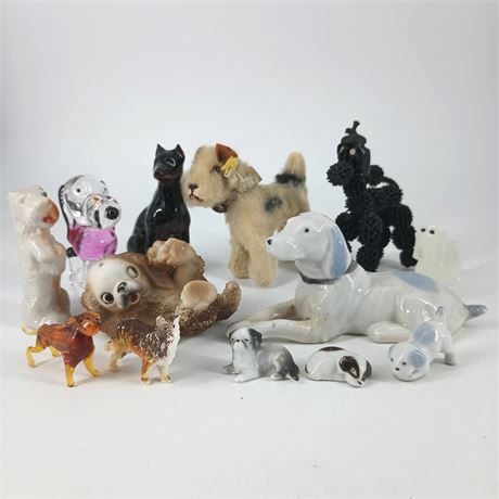 Lot of Vintage Dog Figurines – Porcelain, Ceramic & Plush Mixed Collection