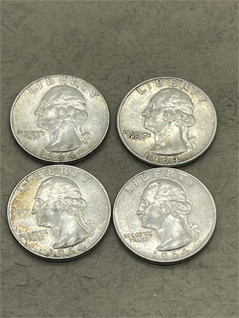 Four (4) 1964 Washington Quarters - Some Toning