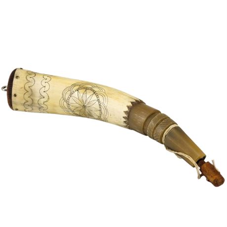 Carved Scrimshaw Powder Horn Real Animal Horn