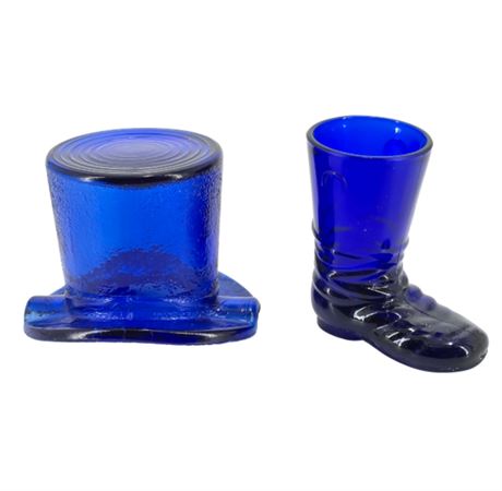 Cobalt Glass Hat Ashtray & Shoe