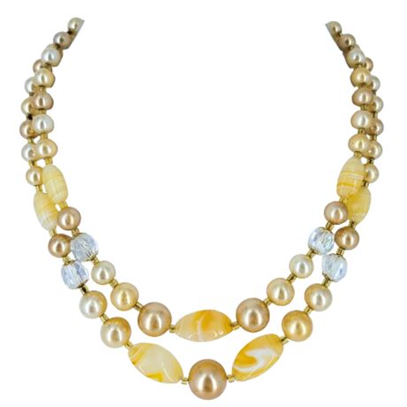 Vintage Gold Faux Pearl and Bead Double Strand Necklace