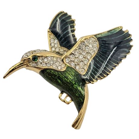 Vintage Green Enamel and Rhinestone Hummingbird Brooch