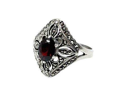 Sterling Silver Garnet Marcasite Ring