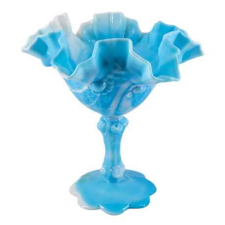 Fenton Blue Cabbage Rose Slag Glass Compote with Ruffled Edge