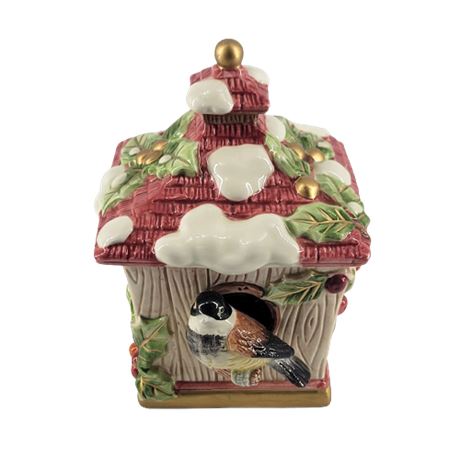 Fitz & Floyd Chickadee Bird House Candy Dish Christmas Winter Holiday