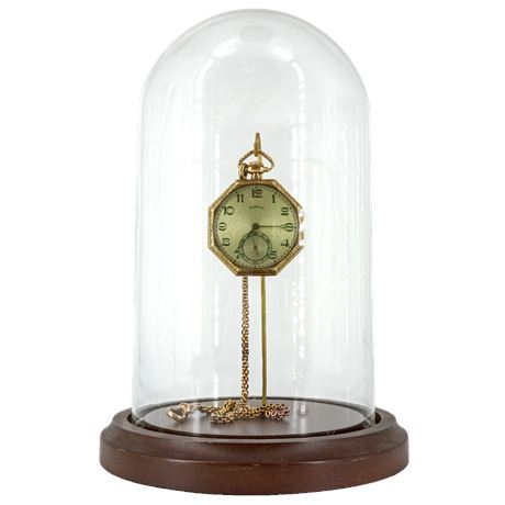 14K Gold Filled Pocket Watch Illinois 17 Jewel Watch in Glass Dome Display