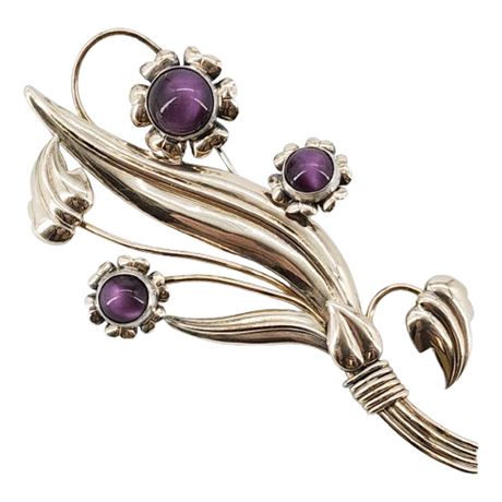 Vintage L.S.CO. Gold Filled On Sterling Silver Purple Moonglow Flowers Brooch