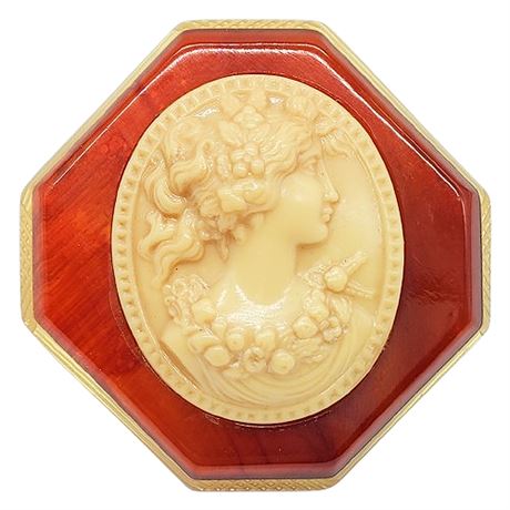 Large Vintage Carved Apple Juice Bakelite & Celluloid Cameo Brooch