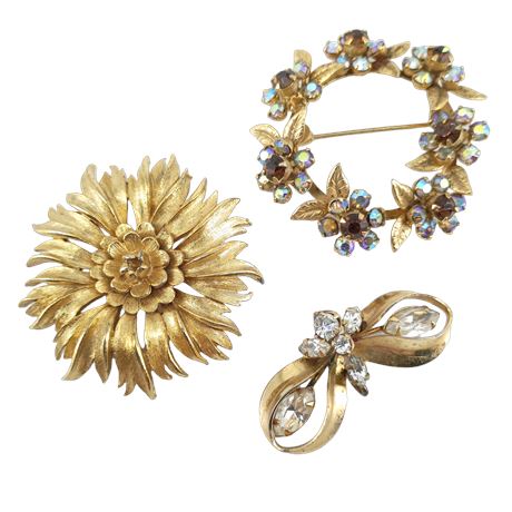 Golden Bloom Vintage Brooch Trio - Flower, Floral Wreath, and Butterfly