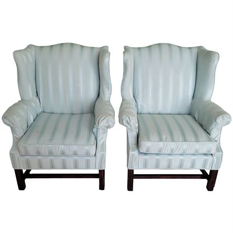 Pair of Vintage Blue Stripped Wingback Chairs