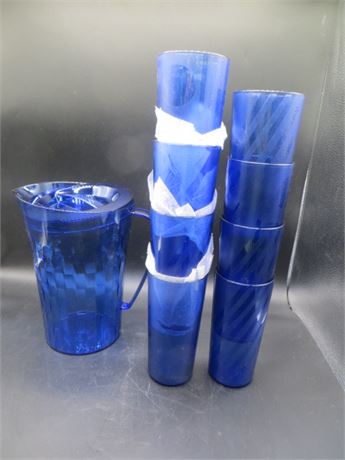 NEW VINTAGE TUPPERWARE BLUE ICE PRISM SET PITCHER & 8 STACKING GLASSES