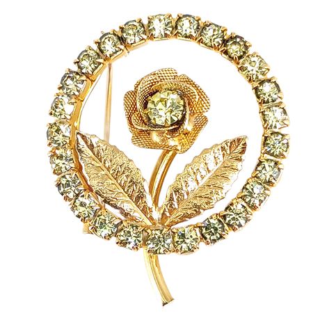 Vintage Rhinestone Rose Circle Brooch — Gold Tone Floral Wreath Pin