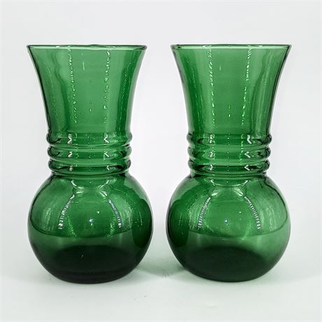 1970s Anchor Hocking Forest Green Glass Vases, Set of 2