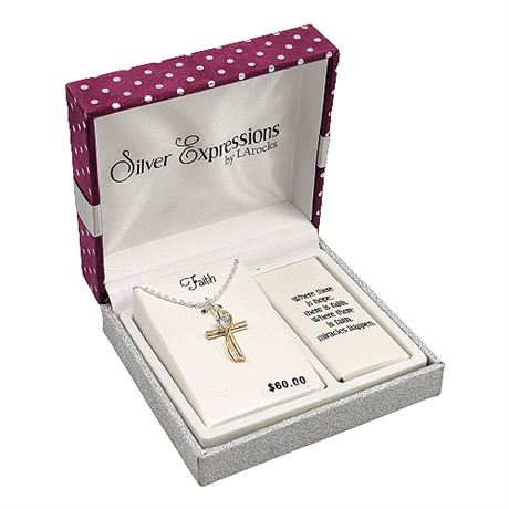 Silver Expressions Cross/Heart Rhinestone Necklace, New in Box