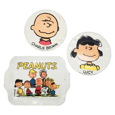 Vintage 50s/60s Peanuts Metal Tea Tray & 2 Plates, Flawed