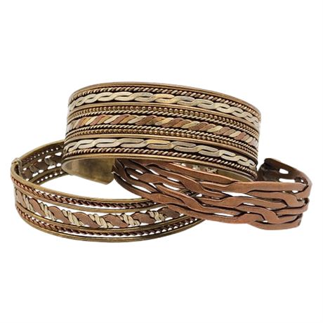 Three Vintage Copper/Brass Twist/Brain Cuff Bracelets