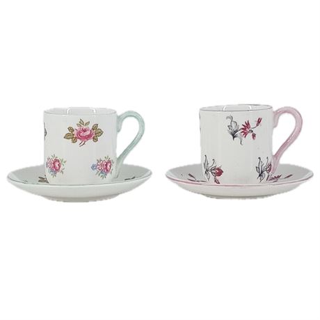 Shelley England Miniature Demitasse Cups and Saucers, Fine Bone China, Set of 2