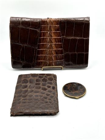 Vintage Crocodile Brown Clutch & Misc. Items