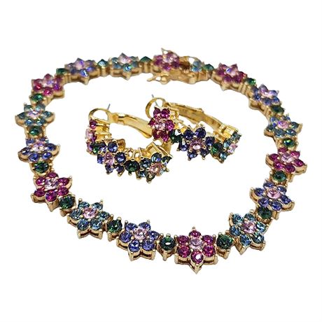 Signed Joan Rivers Rhinestone Flower Bracelet & Earrings Set