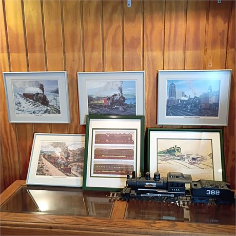 Jim Beam “Locomotive” Train Decanter with Framed Railroad Prints