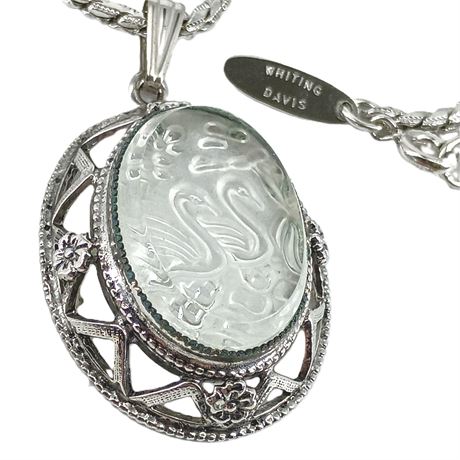 Whiting & Davis Silver Tone Swan Intaglio Pendant Necklace