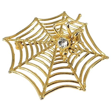 Vintage Spiderweb w/ Rhinestone Spider Trembler Brooch