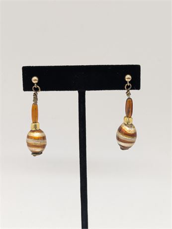 Handmade Art Glass Beads Brown Orange Cream Swirl Earrings 1.75" Goldtone Copper