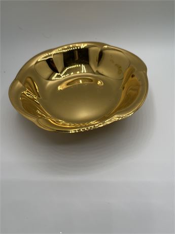 Stamped 24 karat gold plated maiden, Germany, footed 5 inch metal bowl
