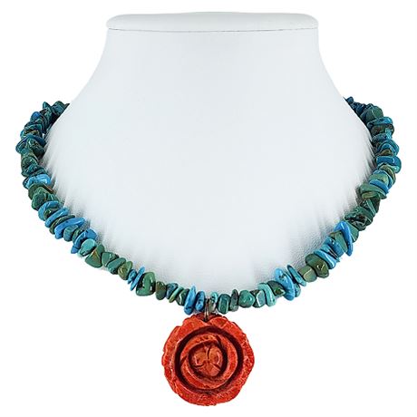 Signed RELIOS by Carolyn Pollack Turquoise & Carved Coral Rose Necklace