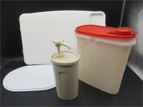 NEW VINTAGE TUPPERWARE 2 CUTTING BOARDS, DISPENSER & OVAL CEREAL