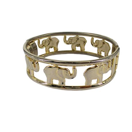 Polished Gold Tone Metal ELEPHANT Hinged Bangle Bracelet