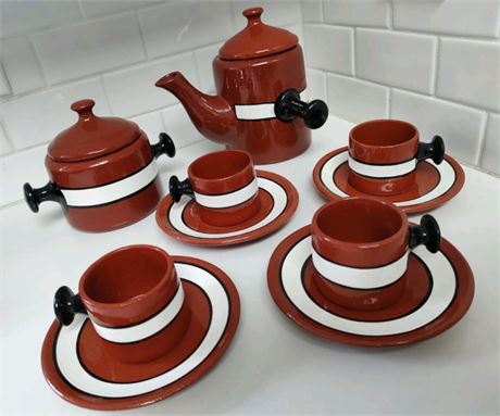 Artisan Signed Handmade Kyusu Style Asian Art pottery teapot + 4 cups Saucers