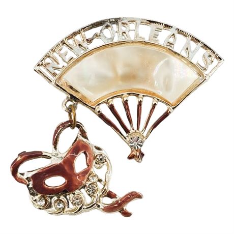 Vintage New Orleans Mardi Gras Souvenir Fan & Mask Brooch