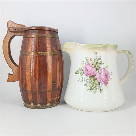 Vintage Floral Pitcher and Wooden Beer Mug