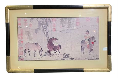 Large 38” Chinese “Three Horses” Mid Century Windsor Framed Art Print