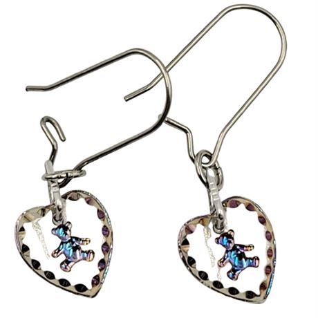 Carved Teddy Bear Heart Dangle Earrings