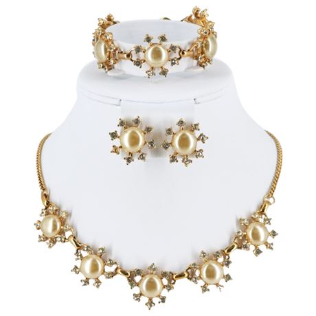 Vintage Faux Pearl & Rhinestone Sunburst Demi-Parure Set