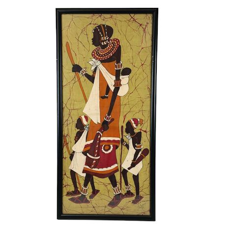Vintage African Woman with Children Batik Painting on Fabric