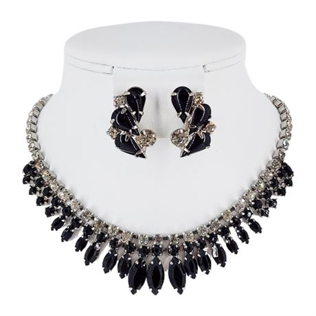 Vintage Prong Set Rhinestone & Black Navette Necklace w/ Similar Clip Earrings