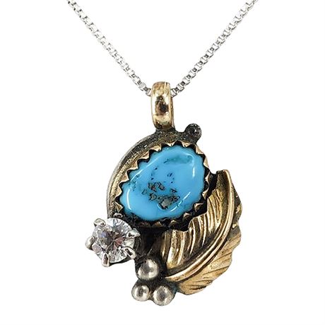 Vintage Native American Sterling Silver, Brass, & Turquoise Pendant Necklace