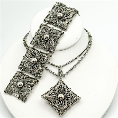 Vintage Celebrity Silver Tone Filigree Necklace & Bracelet Set