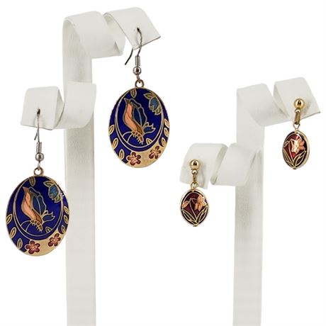 Two Pairs Vintage Cloisonné Oval Earrings